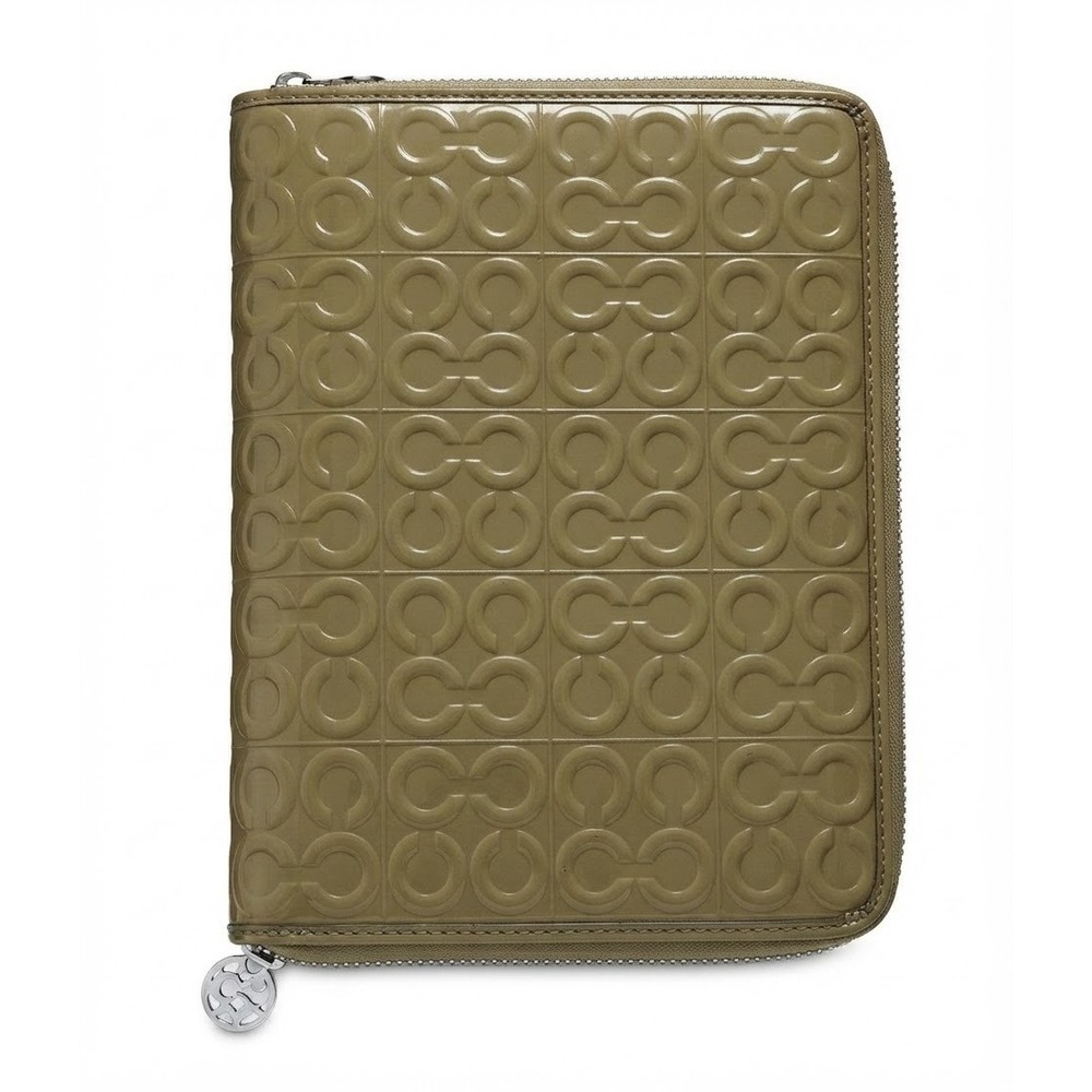 Flawed Gem! Coach Olive Green Patent Leather Signature C Zip Around Portfolio